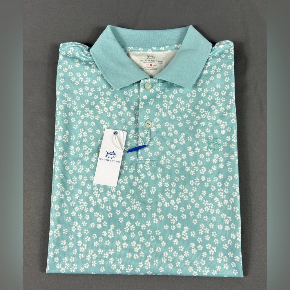 Southern Tide Golf Shirt Polo Floral Print Medium Marine Blue Polyester Spandex